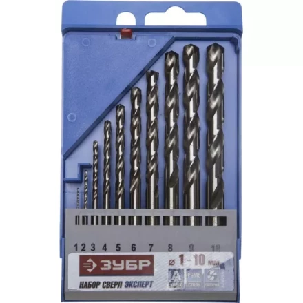 Набор ЗУБР &quot;ЭКСПЕРТ&quot;: Свёрла  по металлу, цилиндрический хвостовик, быстрорежущая сталь Р6М5, 1-10мм, 10шт 4-29625-H10 купить в Ноябрьске