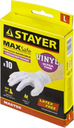 Перчатки STAYER &quot;MASTER&quot; виниловые экстратонкие, L, 10шт 11208-L купить в Ноябрьске