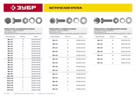 Винт (DIN965) в комплекте с гайкой (DIN934), шайбой (DIN125), шайбой пруж. (DIN127), M6 x 16 мм, 12 шт, ЗУБР 303456-06-016 купить в Ноябрьске