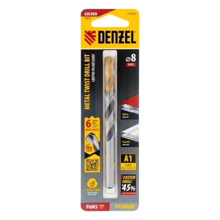 Сверло спиральное по металлу Denzel 8 x 117мм, Р6М5, Golden Tip, многогранная заточка, 718282 купить в Ноябрьске