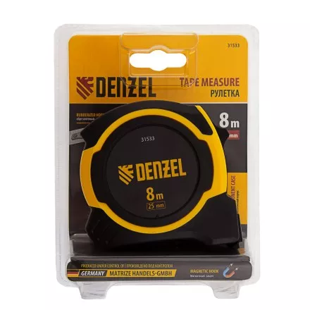 Рулетка Denzel 8м х 25мм, двухкомп. корпус, магнитный обрезиненный зацеп, 31533 купить в Ноябрьске