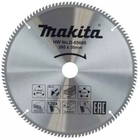 Диск пильный универсальный для алюминия/дерева/пластика Makita D-65660, 260x30x1.8 мм; 120 зубьев купить в Ноябрьске