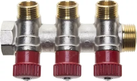 Коллектор GENERAL FITTINGS для горячей воды, вентили, никелированная латунь, вход 3/4&quot; - 3 выхода 1/2&quot; 51046-3/4-1/2-HT3 купить в Ноябрьске