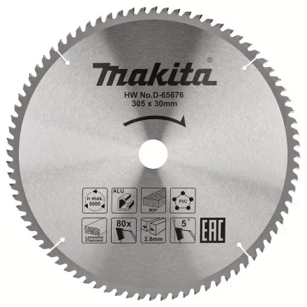 Диск пильный универсальный для алюминия/дерева/пластика Makita D-65676, 305x30x2.8/2 мм; 80 зубьев купить в Ноябрьске