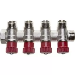 Коллектор GENERAL FITTINGS для горячей воды, вентили, никелированная латунь, вход 3/4&quot; - 4 выхода 1/2&quot; 51046-3/4-1/2-HT4