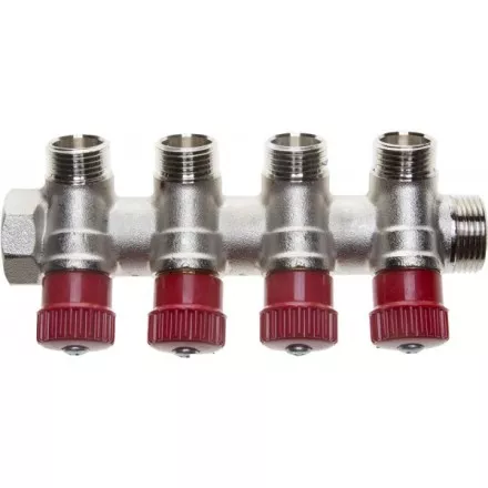 Коллектор GENERAL FITTINGS для горячей воды, вентили, никелированная латунь, вход 3/4&quot; - 4 выхода 1/2&quot; 51046-3/4-1/2-HT4 купить в Ноябрьске