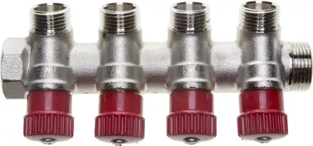 Коллектор GENERAL FITTINGS для горячей воды, вентили, никелированная латунь, вход 3/4&quot; - 4 выхода 1/2&quot; 51046-3/4-1/2-HT4 купить в Ноябрьске