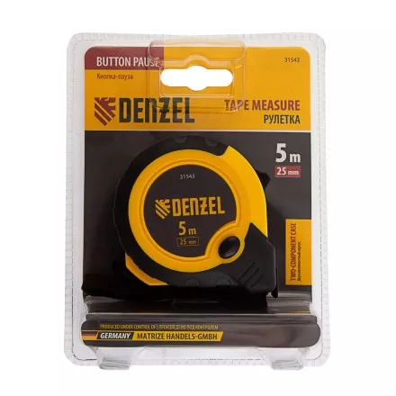 Рулетка Denzel 5м х 25мм, двухкомп. корпус, кнопка-пауза, 31543 купить в Ноябрьске