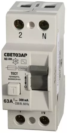 Выключатель дифференциальный &quot;УЗО&quot; СВЕТОЗАР, 2-полюсный, 63 A, &quot;AC&quot;, откл.диф.ток. 300 мА, 230 В SV-49172-300-63 купить в Ноябрьске
