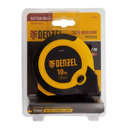 Рулетка Denzel 10м х 25мм, двухкомп. корпус, кнопка-пауза 31545 купить в Ноябрьске