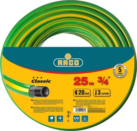 Шланг RACO CLASSIC поливочный, 20атм., армированный, 3-х слойный, 3/4&quot;х25м 40306-3/4-25_z01 купить в Ноябрьске
