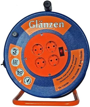 Удлинитель силовой на катушке GLANZEN 4 гн. КГ 3х1,5 ЕВ-50-009 купить в Ноябрьске