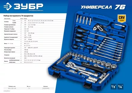 ЗУБР Универсал-76, 76 предм., (1/2+ 1/4), универсальный набор инструмента, Профессионал (27670-H76) купить в Ноябрьске