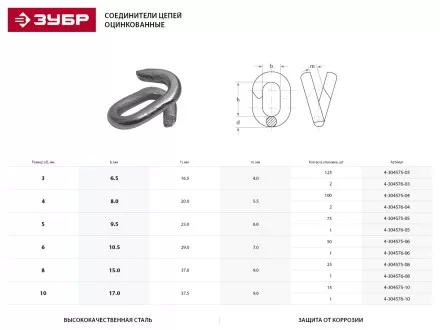 Соединитель цепей ЗУБР, оцинкованный, 6мм, 1 шт 4-304576-06 купить в Ноябрьске