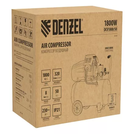 Компрессор воздушный прям. привод Denzel DCV1800/50 58168, 1,8 кВт, 50 литров, 320 л/мин купить в Ноябрьске
