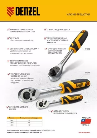 Ключ-трещотка 1/2&quot; Denzel 14033, 90 зубьев, с быстрым сбросом, CrV купить в Ноябрьске