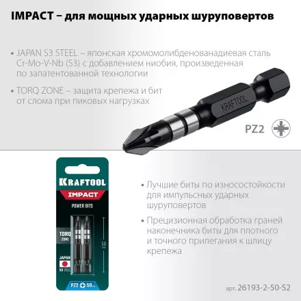 Биты для ударных шуруповертов KRAFTOOL Impact Pro PZ 26193-2-50-S2 купить в Ноябрьске