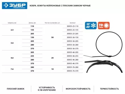 Кабельные стяжки черные КОБРА, с плоским замком, 4.6 х 370 мм, 25 шт, нейлоновые, ЗУБР 30935-46-370 купить в Ноябрьске