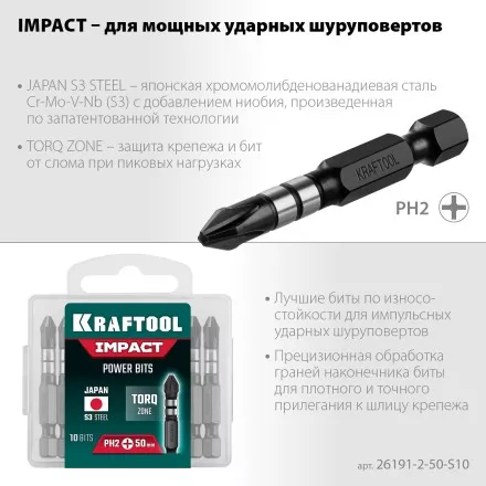 Биты для ударных шуруповертов KRAFTOOL Impact Pro PH 26191-2-50-S10 купить в Ноябрьске