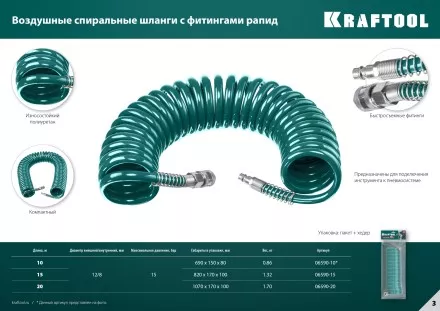 Воздушный спиральный шланг KRAFTOOL с фитингами рапид 8х12 мм 06590-20 купить в Ноябрьске