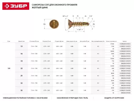 Саморезы ЗУБР &quot;МАСТЕР&quot; со сверлом для оконного профиля, жёлтопассивированные, 3.9x19мм, 15000шт 4-300230-39-019 купить в Ноябрьске
