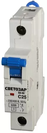 Выключатель автоматический СВЕТОЗАР 1-полюсный, 25 A, &quot;C&quot;, откл. сп. 6 кА, 230 / 400 В SV-49061-25-C купить в Ноябрьске