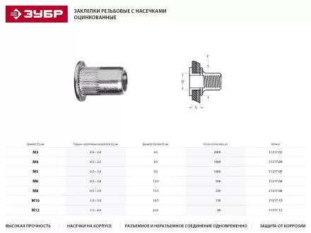 Заклепки ЗУБР резьбовые с насечками, М8, 250шт 31317-08 купить в Ноябрьске