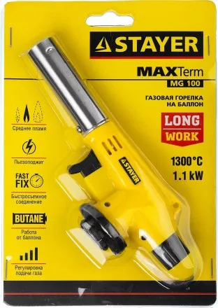 Газовая горелка &quot;MaxTerm&quot; на баллон, STAYER &quot;MASTER&quot; 55584, с пьезоподжигом, регулировка пламени, цанговое соединение, 1300С 55584 купить в Ноябрьске