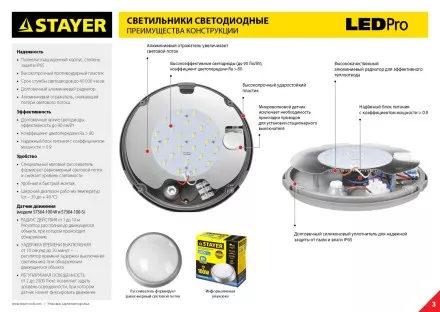 Светильник STAYER &quot;PROFI&quot; PROLight светодиодный, влагозащищенный IP65, пластиковый корпус, PC, влагозащищенный, круг, металлик, 4000К, 12(100Вт) 57362-100-S купить в Ноябрьске
