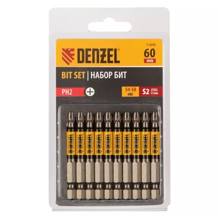 Бита PH2х60, сталь S2, цилиндр., 10 шт. Е 6,3 Denzel 11642 купить в Ноябрьске