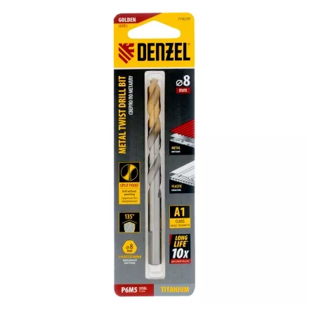 Сверло спиральное по металлу Denzel 8 x 117 мм, Р6М5, Golden Tip, 718239 купить в Ноябрьске
