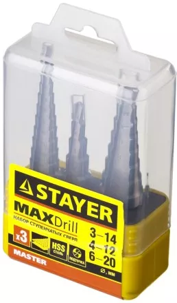 Набор STAYER &quot;MASTER&quot;: Ступенчатые сверла по сталям и цвет.мет., сталь HSS, d=3-14мм,12ступ. d 4-12 мм 5 ступ., d 6-20мм 8ступ. 29660-3-20-H3 купить в Ноябрьске