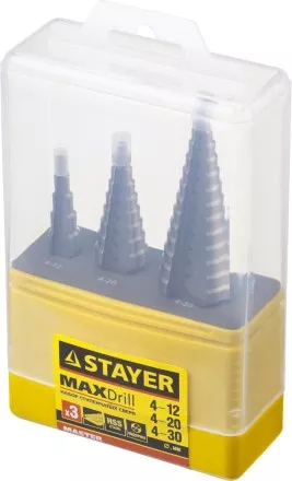 Набор STAYER &quot;MASTER&quot;: Ступенчатые сверла по сталям и цвет.мет., сталь HSS, d=4-12мм,5 ступ. d 4-20 мм 9 ступ., d 4-30мм 14ступ. 29660-4-30-H3 купить в Ноябрьске