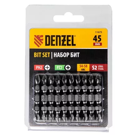 Бита двухсторонняя, PH2-PZ2 х 45 мм, сталь S2, 10 шт. Denzel 11675 купить в Ноябрьске