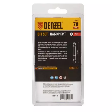 Бита PH2х70, сталь S2, цилиндр., 10 шт. Е 6,3 Denzel 11643 купить в Ноябрьске