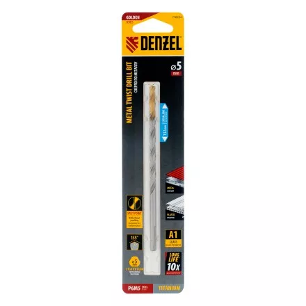 Сверло спиральное по металлу Denzel 5 х 132 мм, Р6М5, Golden Tip, удлиненное, 718254 купить в Ноябрьске
