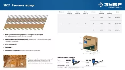 ЗУБР SN21 80 х 3.1 мм, реечные гвозди рифленые оцинкованные, 2010 шт (305396-80) купить в Ноябрьске