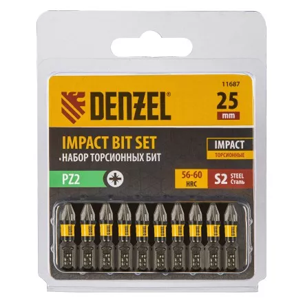 Бита IMPACT, PZ2x25 мм, лазерная обработка шлица, сталь S2, 10 шт., Е 6,3 Denzel 11687 купить в Ноябрьске