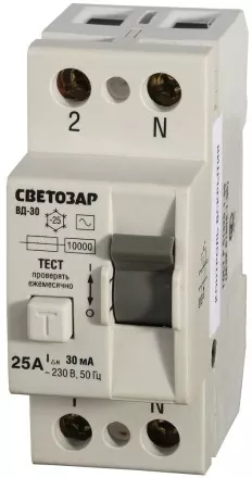 Выключатель дифференциальный &quot;УЗО&quot; СВЕТОЗАР, 2-полюсный, 25 A, &quot;AC&quot;, откл. диф.ток. 30 мА, 230 В SV-49152-30-25 купить в Ноябрьске