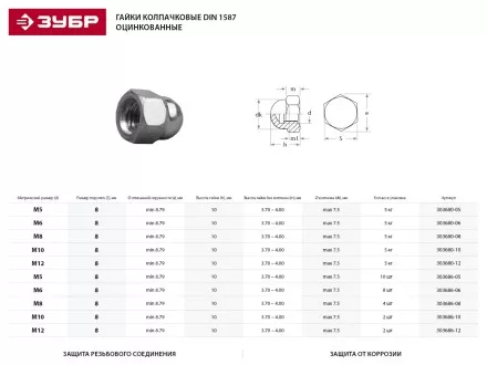 Гайка ЗУБР &quot;МАСТЕР&quot; колпачковая DIN 1587, оцинкованная,  M6, 5кг 303680-06 купить в Ноябрьске