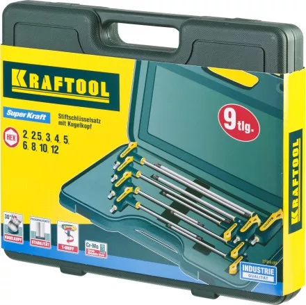 Набор KRAFTOOL Ключи &quot;INDUSTRIE&quot; имбусовые,Cr-Mo(S2),Т-образные, эргоном двухкомп рукоятка,HEX,с шариком,9 шт,в боксе 27454-H9 купить в Ноябрьске