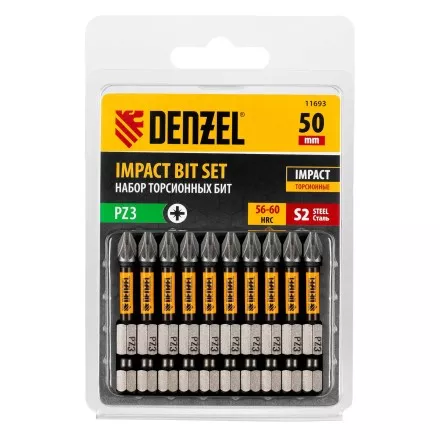 Бита IMPACT, PZ3x50 мм, лазерная обработка шлица, сталь S2, 10 шт., Е 6,3 Denzel 11693 купить в Ноябрьске