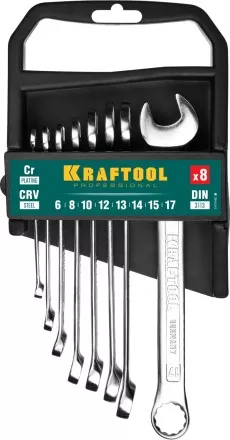 Наборы ключей комбинированных KRAFTOOL, Cr-V, DIN 3110, на пластиковой подвеске 27079-H8C купить в Ноябрьске