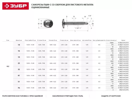 Саморезы ЗУБР с прессшайбой и сверлом по листовому металлу до 2мм, PH2, 4,2х51мм, ТФ1, 150шт 4-300211-42-051 купить в Ноябрьске