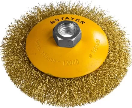 STAYER &quot;PROFESSIONAL&quot;. Щетка коническая для УШМ, витая стальная латунированная проволока 0,3мм, 115ммхМ14 35133-115 купить в Ноябрьске