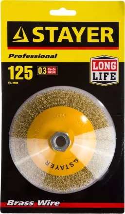 STAYER &quot;PROFESSIONAL&quot;. Щетка коническая для УШМ, витая стальная латунированная проволока 0,3мм, 125ммхМ14 35133-125 купить в Ноябрьске