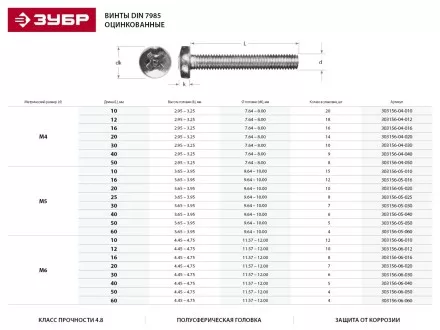 Винт DIN 7985 M4x30мм, 10шт, кл. пр. 4.8, оцинкованный, ЗУБР 303156-04-030 купить в Ноябрьске