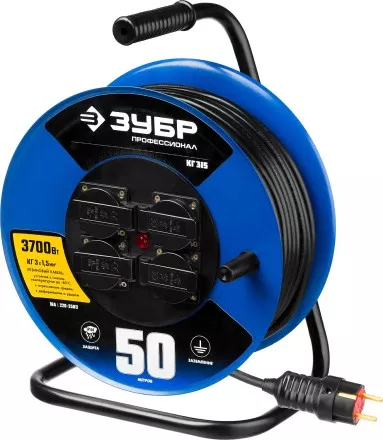Удлинитель на катушке &quot;КГ 315&quot;, 50 м, 3700 Вт, 4 гнезда, IP44, КГ 3х1,5 кв мм, ЗУБР 55080-50 купить в Ноябрьске