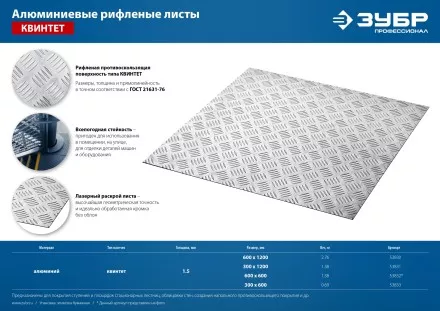 ЗУБР Квинтет, 600 х 1200 х 1.5 мм, алюминиевый рифленый лист, Профессионал (53830) купить в Ноябрьске