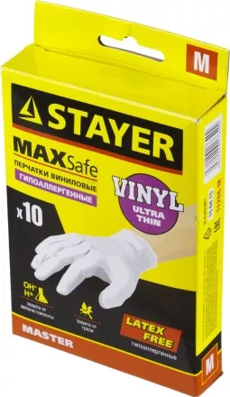 Перчатки STAYER &quot;MASTER&quot; виниловые экстратонкие, M, 10шт 11208-M купить в Ноябрьске